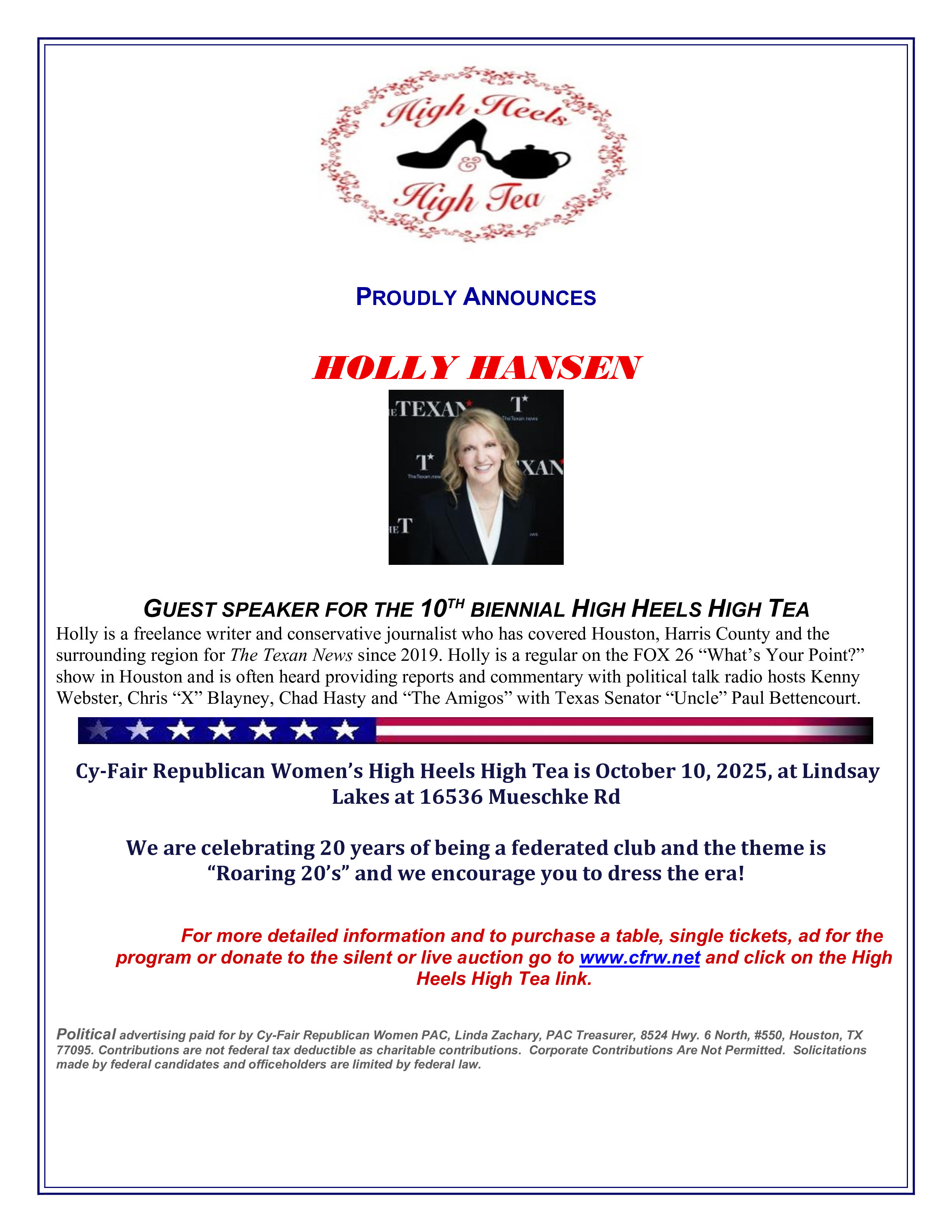 High Heels High Tea Event, by Cy-Fair Republican Women, October 10th, 2025