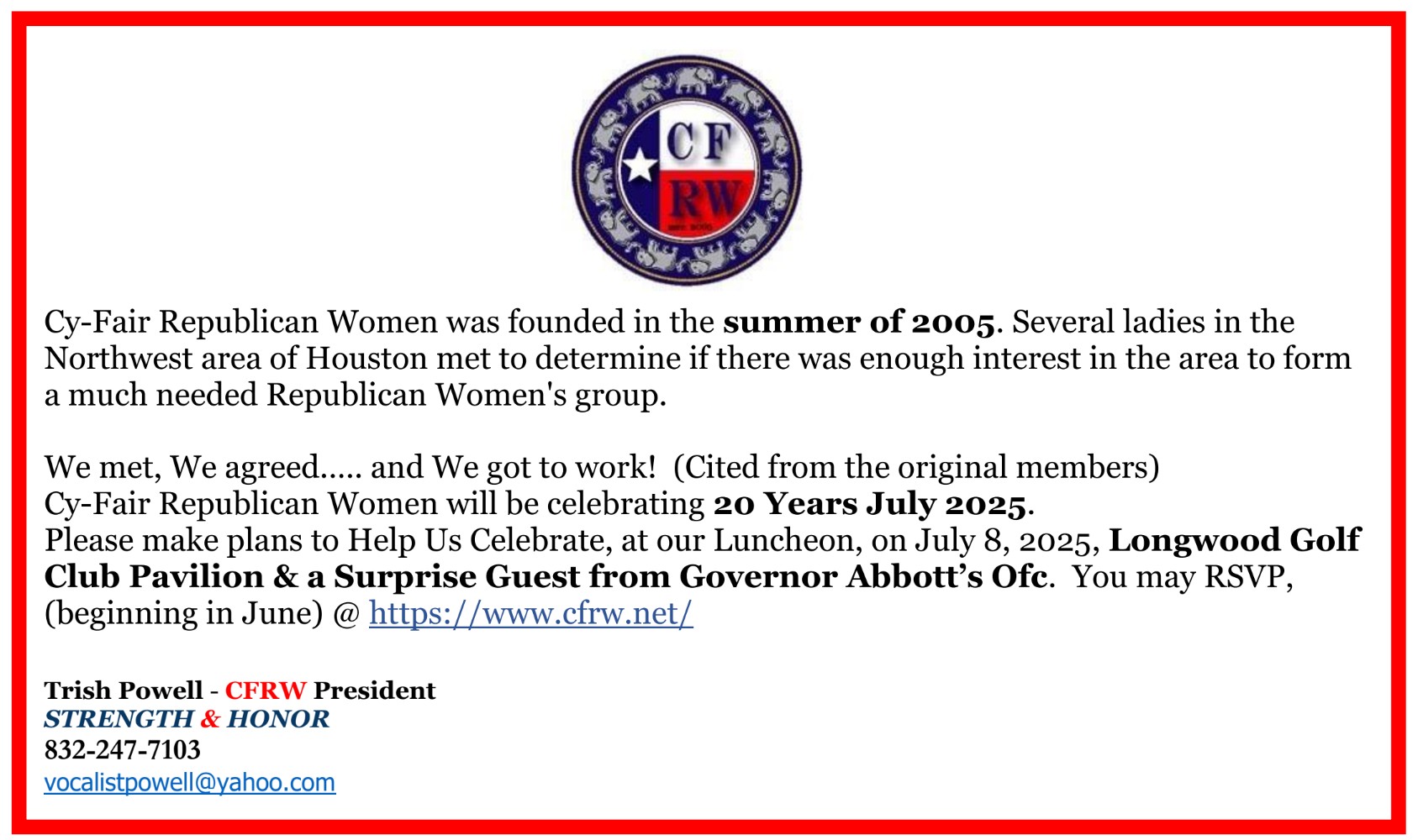 Cy-Fair Republican Women, July 8, 2025 Luncheon