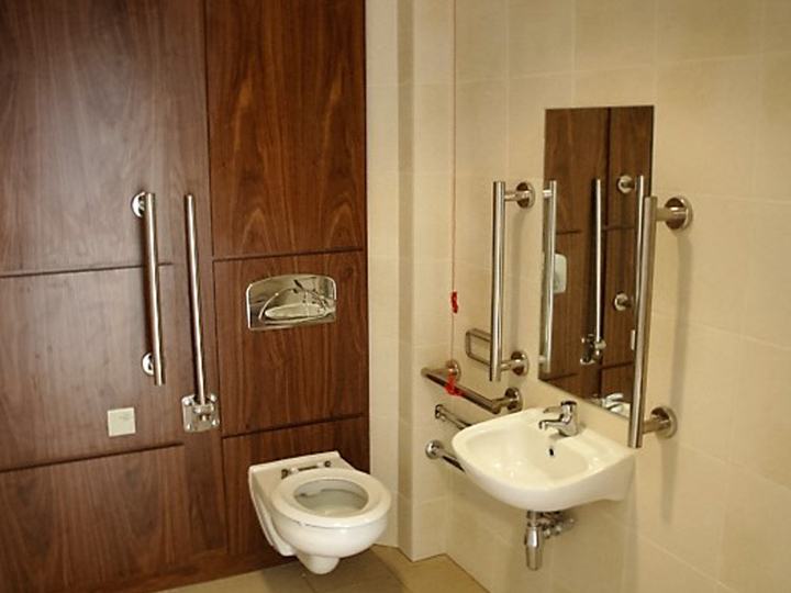 Doc M wall hung WC/toilet stainless steel support handles around WC and around white basin. Stainless steel fittings provide dual push flush and handles around mirror with a red emergency pull cord. Mirror above the basin sink area. Mid toned wood duct panels to rear of WC and cream wall on basin wall