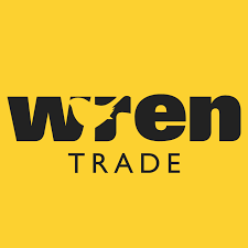 Wren Trade partner logo. Yellow background with black writing with yellow wren shaped bird cut out in the word wren