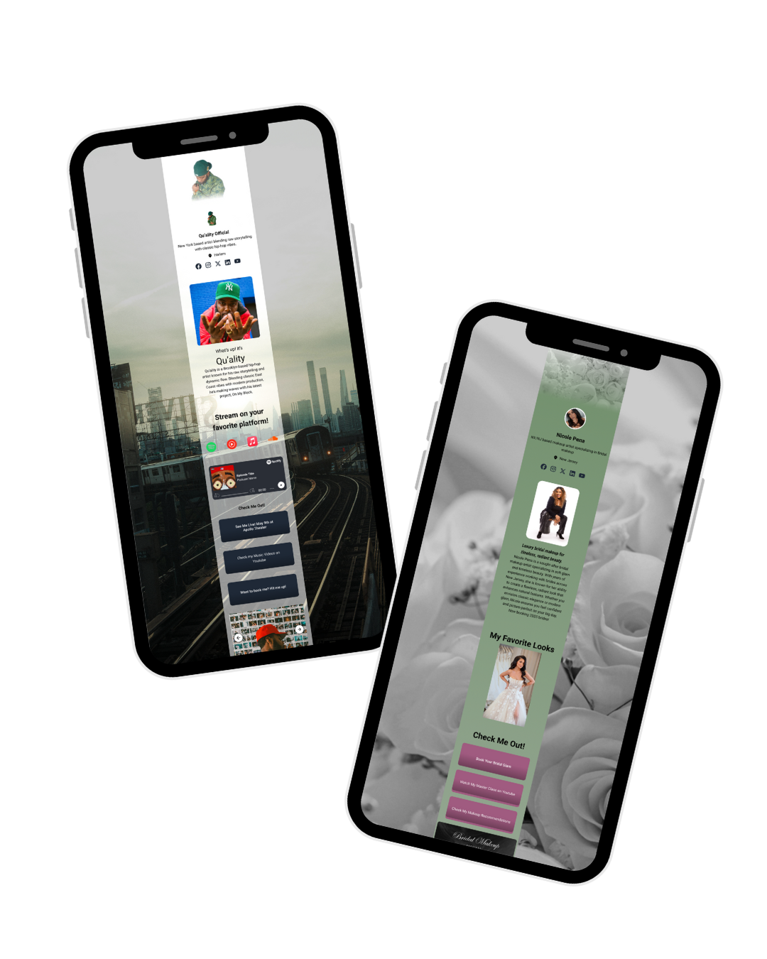 two phone mockups displaying a custom link hub prototype
