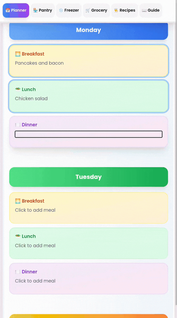 Editable mobile meal planning hub walkthrough