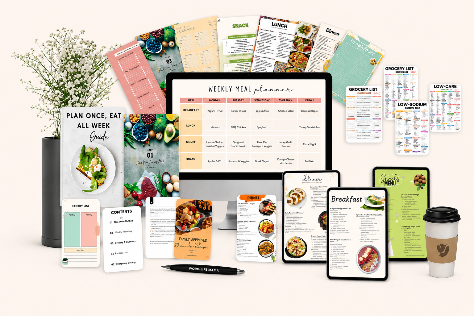 Meal Planning Power Pack value stack with weekly meal planner, Plan Once guide, grocery lists, family-friendly meal ideas, recipes, and mobile planning tools