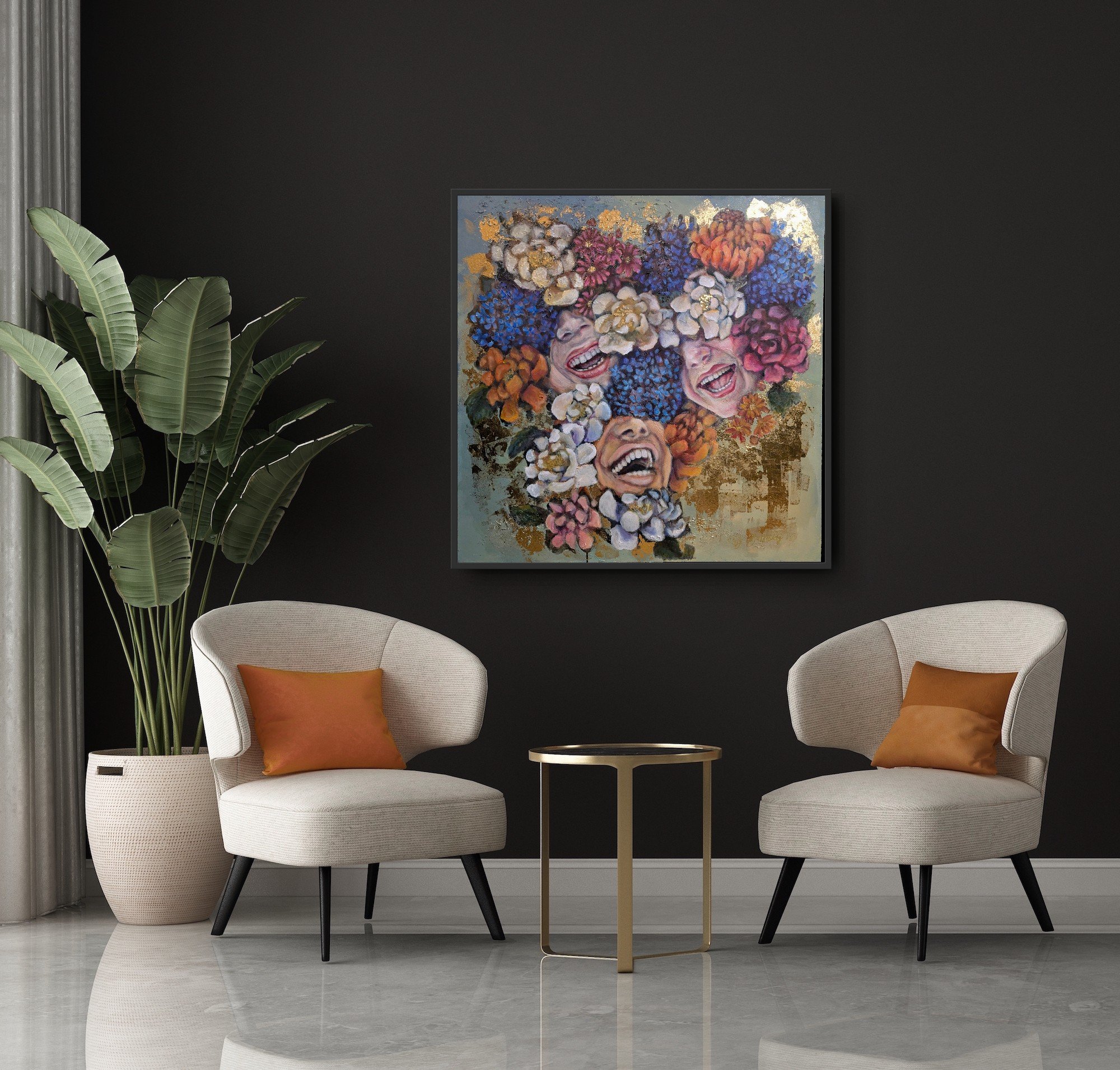 An original mixed media painting of laughing women amongst flowers by Kelly Batsiokis