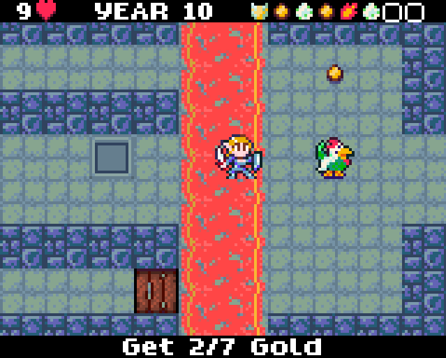 A hero in a decaying castle facing off with an evil chicken.