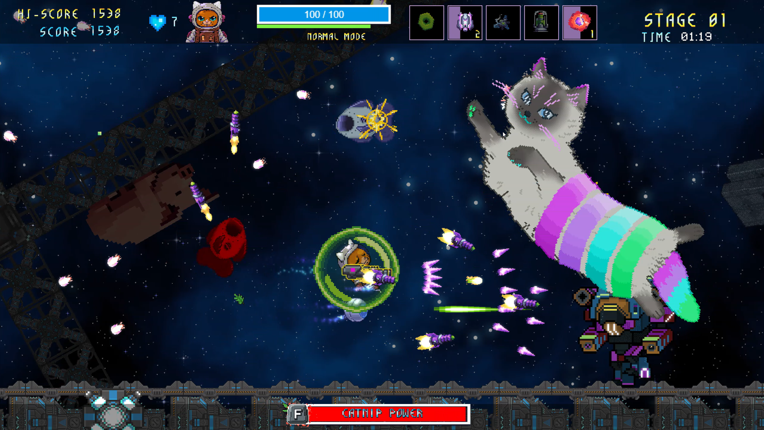 A cat in a spacesuit shooting up things out of this world.
