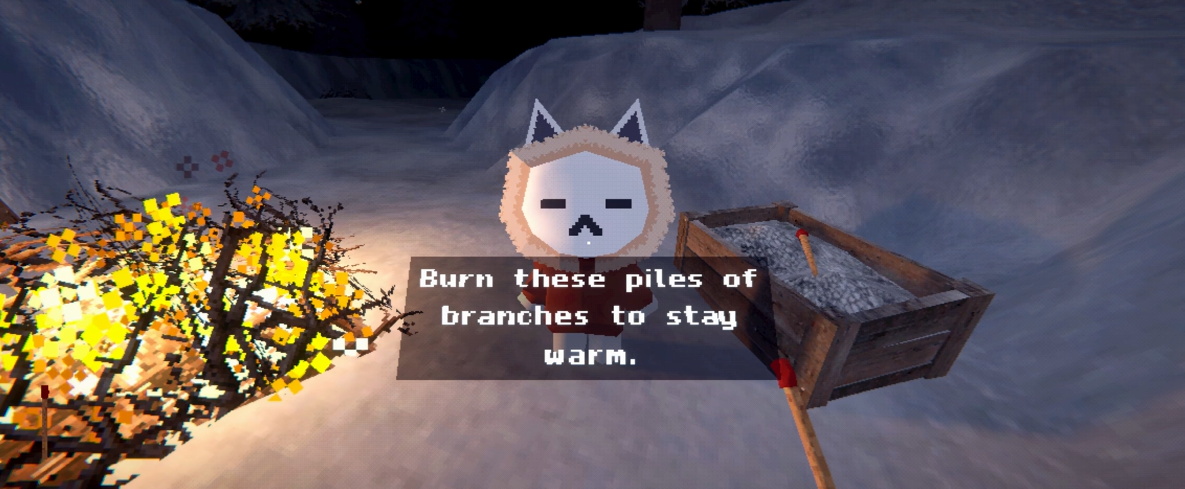 A cat wearing a parka telling you to burn branches to stay warm. It is very snowy and cold.