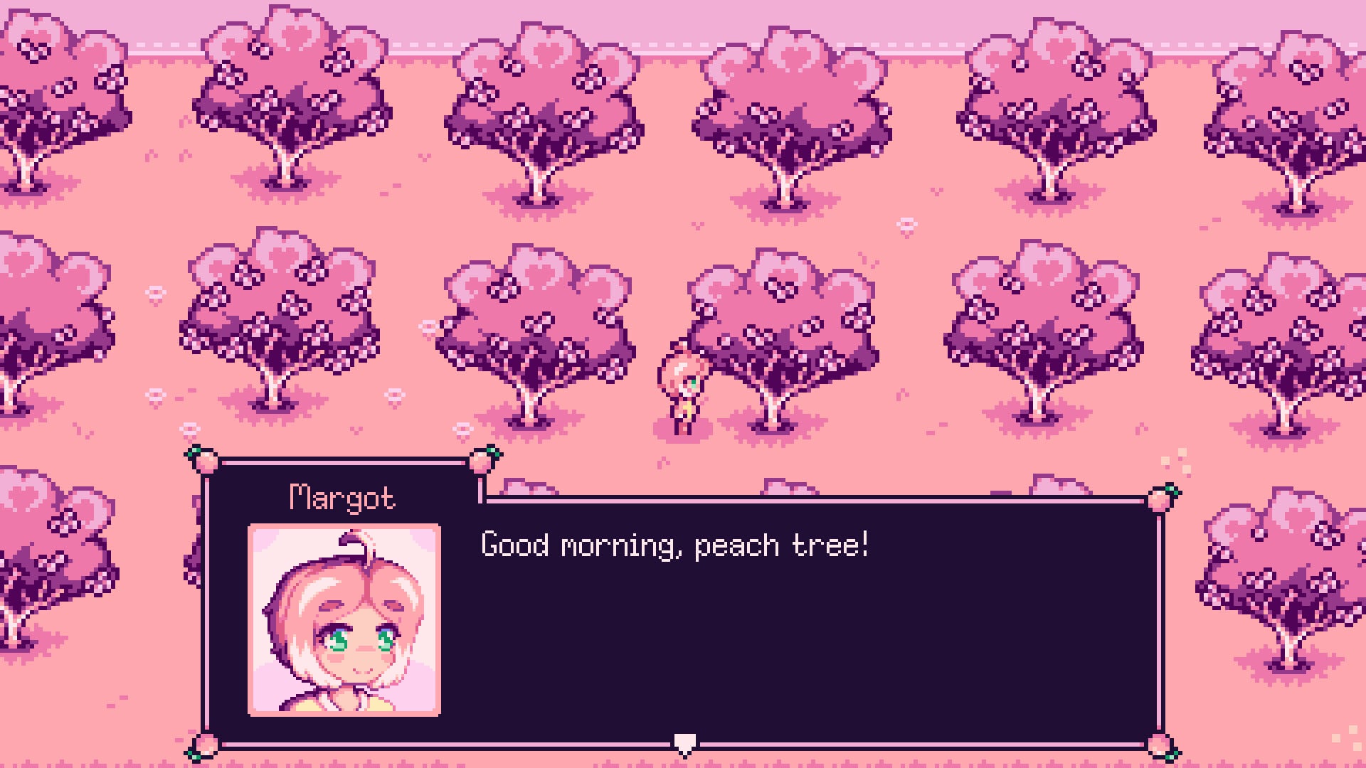 Margot saying good morning to a peach tree.