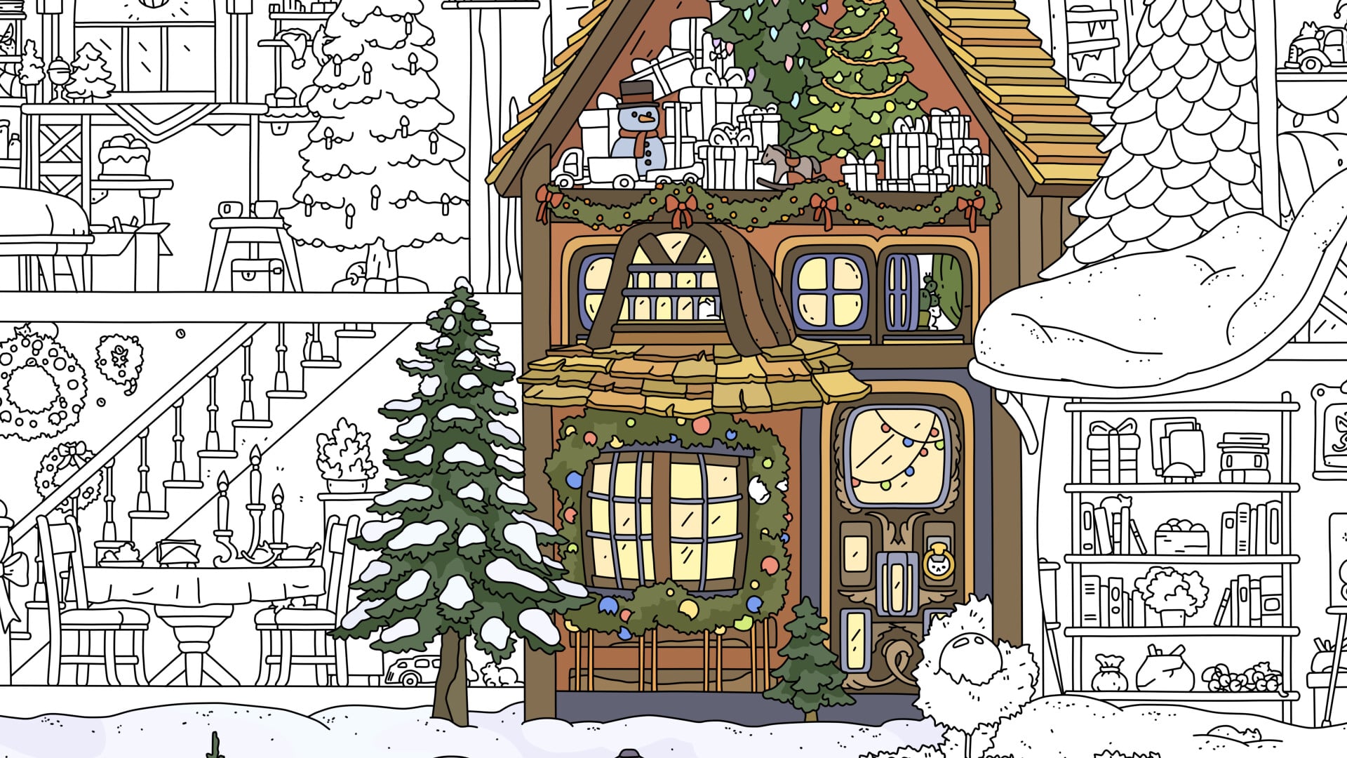 A black and white drawing of a festive winter town, with a house in the middle coloured in.