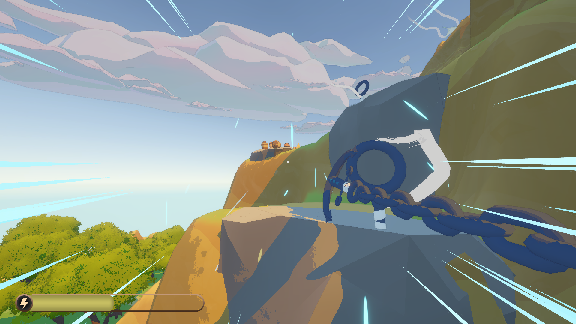 first persone point of view siwining through the air using an anchor as a grappling hook