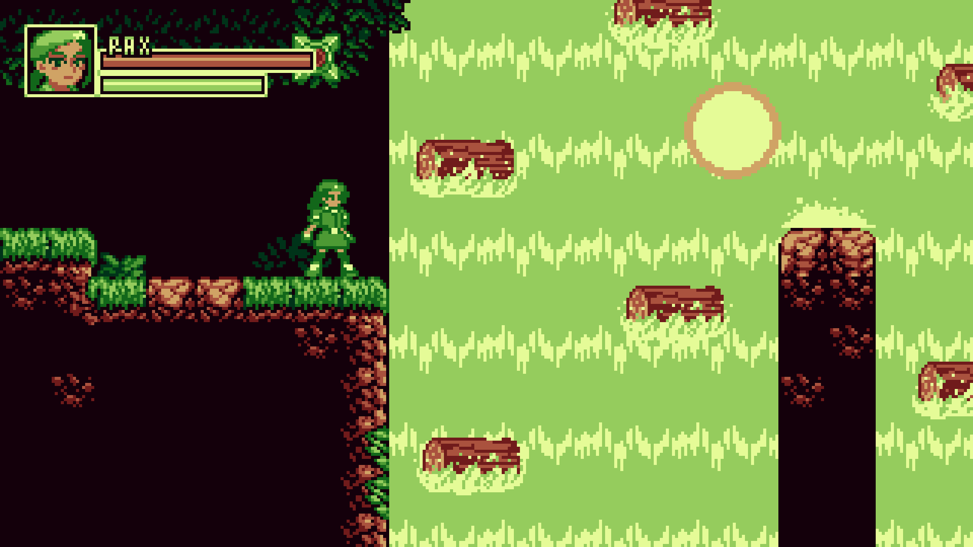 Metroidvania style game: a girl stands by a waterfall with falling platform-logs.