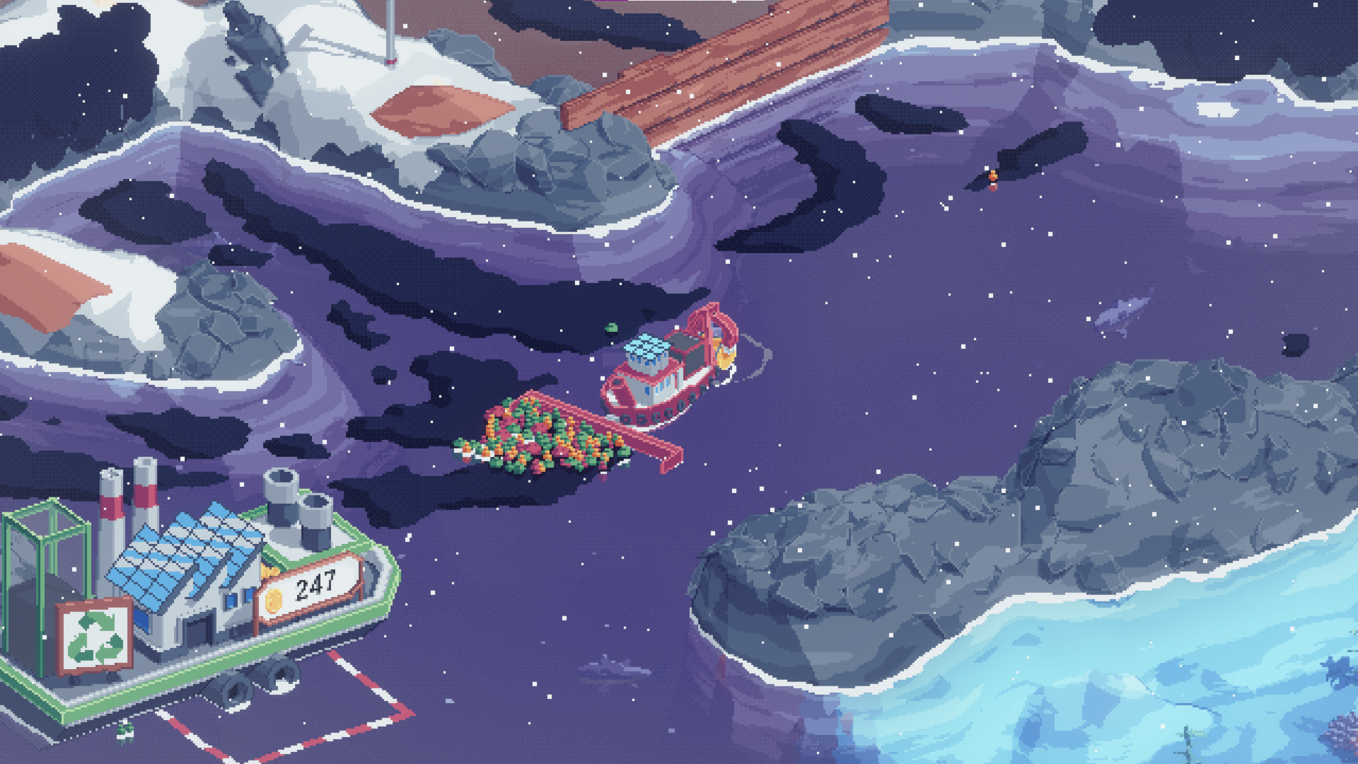 A small boat pushing bottles towards a reclamation site.