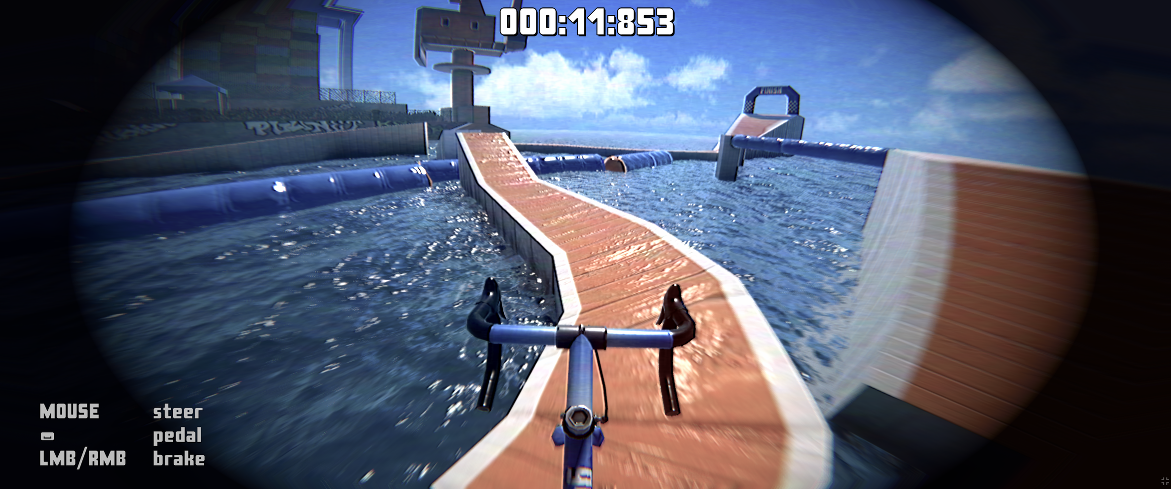 First person view of cyclist on an obstacle course above the water.