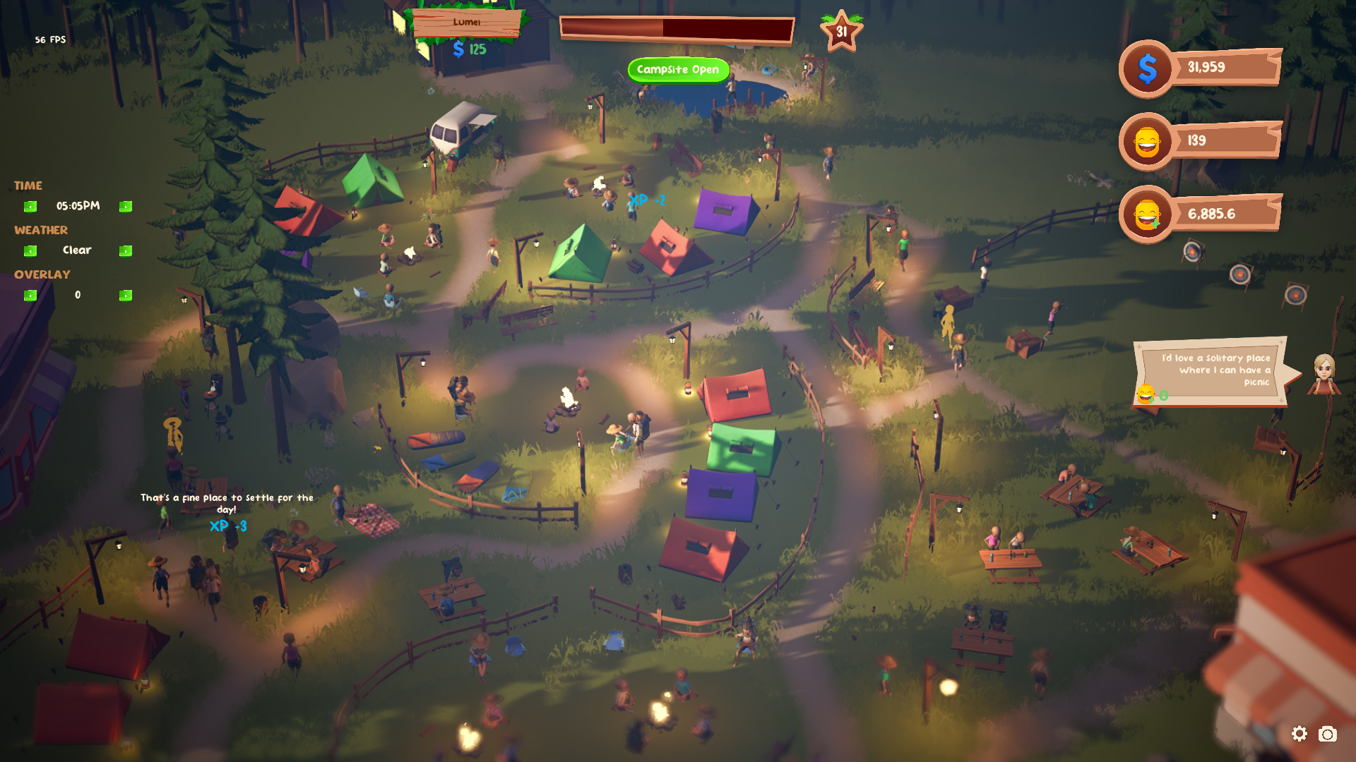 a birds-eye view of a small 3D campground with tents, trees, fences, lampposts, and picnic tables all around. UI elements show player's money and XP.