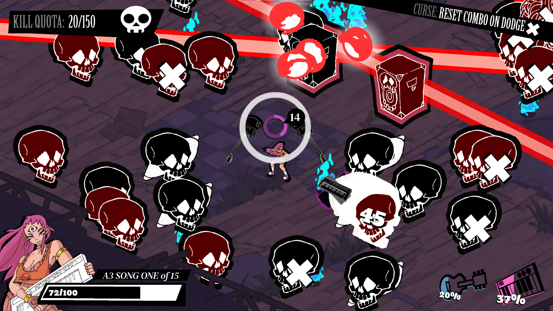 A bunch of enemies converge on a girl with two guitars.