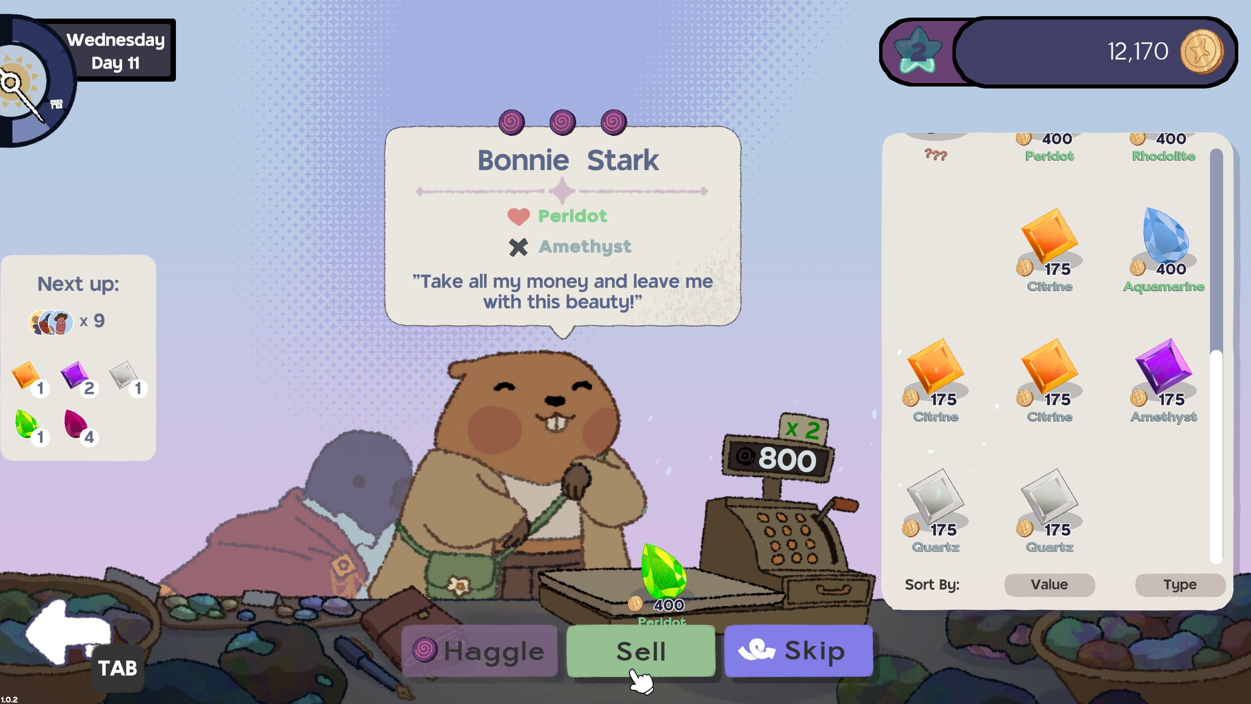 a game screenshot showing a shop selling gems and a beaver buying them.