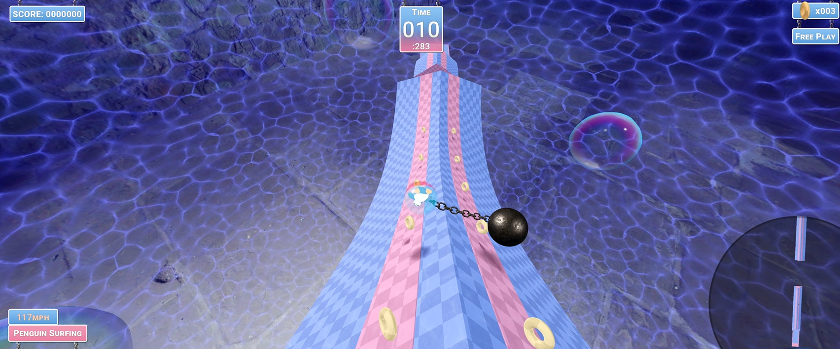 A pinguin in a capsule rolls down a slop chained to a metal ball.