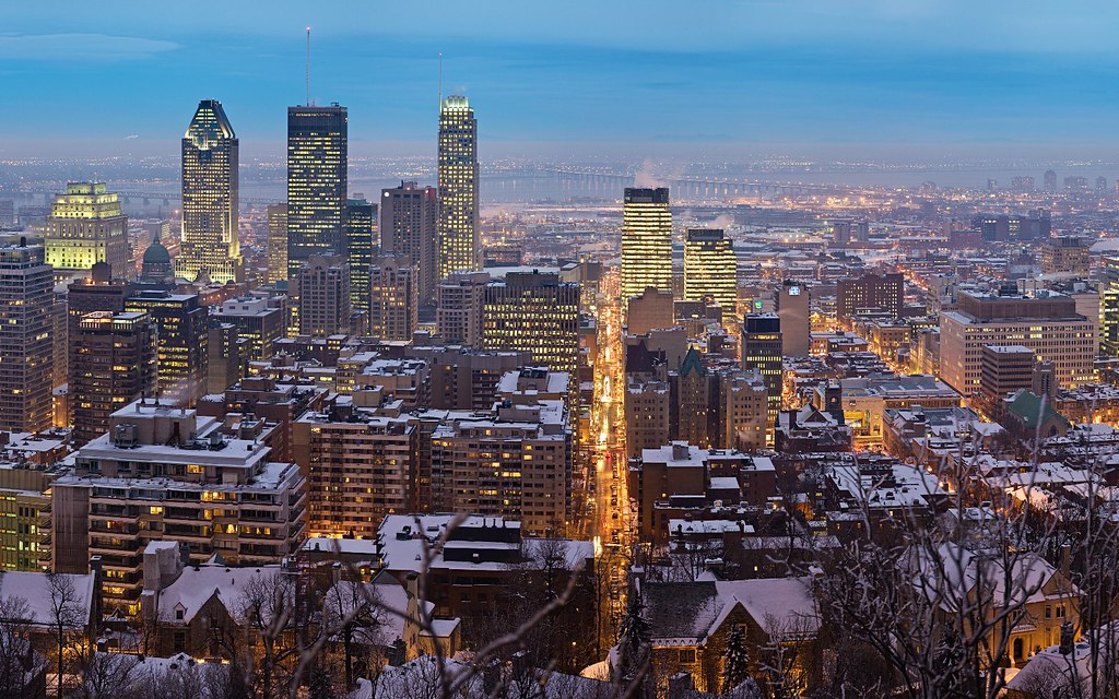 Skyline of Montreal in winter. Skyscrapers with lit up windows and snow on top, trees in the foreground and a blue sky in the background