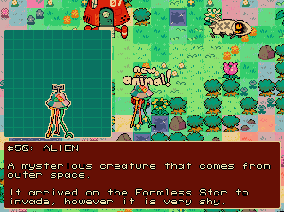 in-game screenshot: New Animal! #50: Alien - A mysterious creature that comes from outer space. It arrived on the Formless Star to invade, however it is very shy.