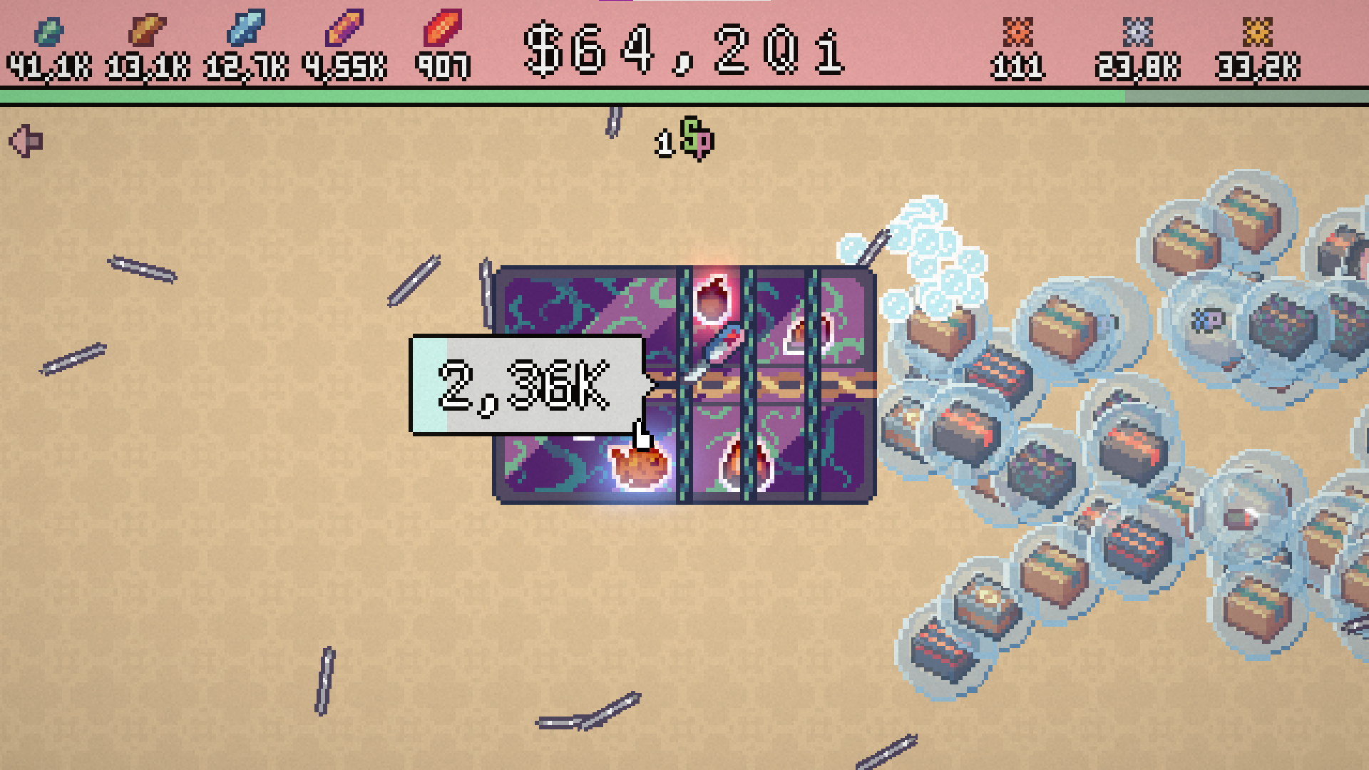 Needles flying around popping bubbles with boxes inside them as a larger box is being opened with a knife.