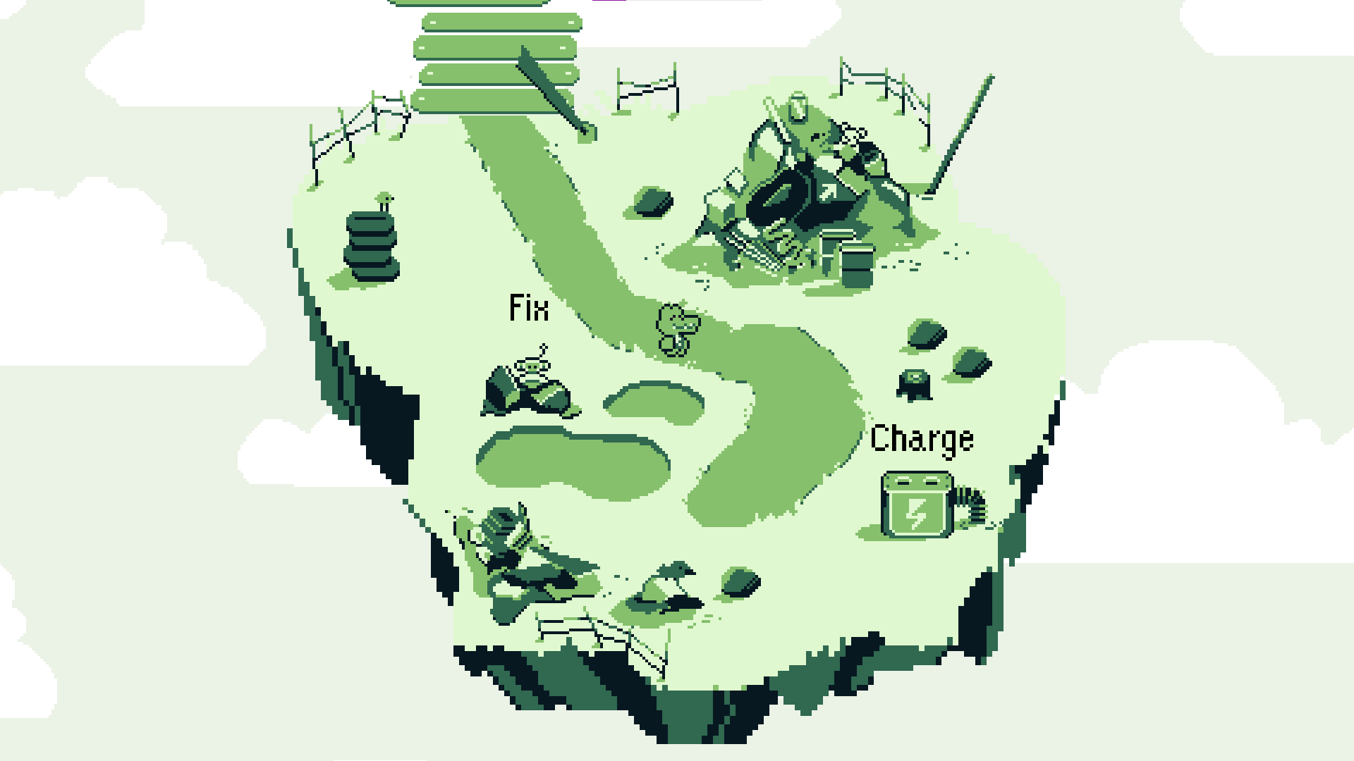 gameplay screenshot: monochrome style pixel art of a floating island covered in trash