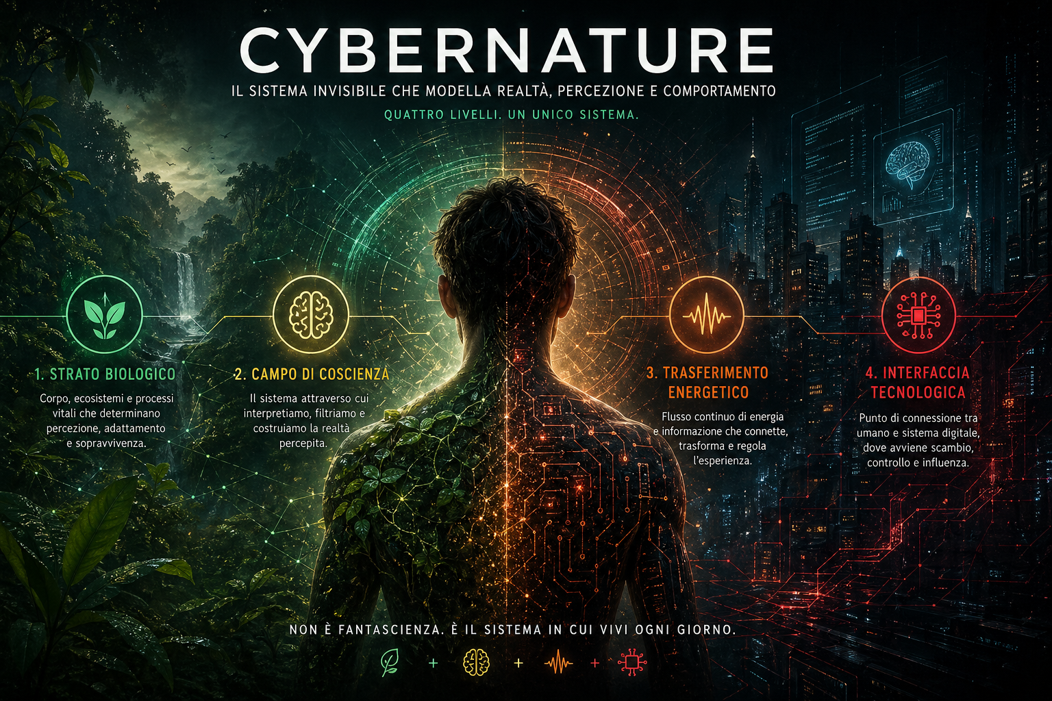 Cos’è il cybernature: infografica con definizione del modello, schema dei quattro livelli (biologico, coscienza, energia e tecnologia) e differenza tra cybernature e cyberpunk.