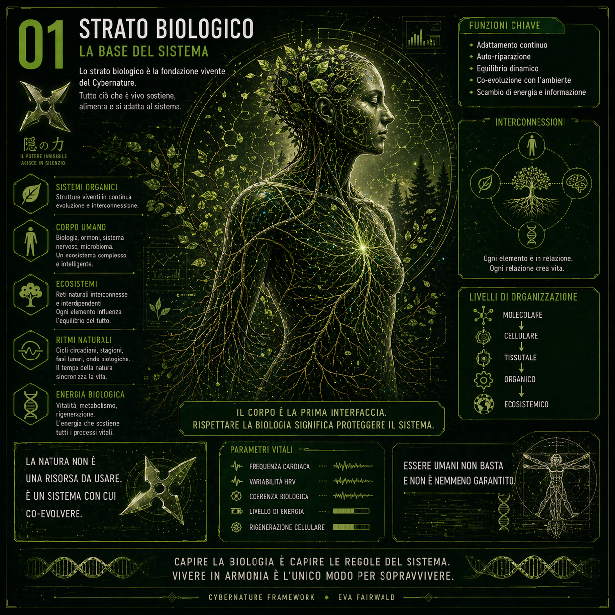 Infografica Cybernature: strato biologico, corpo umano come prima interfaccia, sistemi organici, energia biologica e processi invisibili