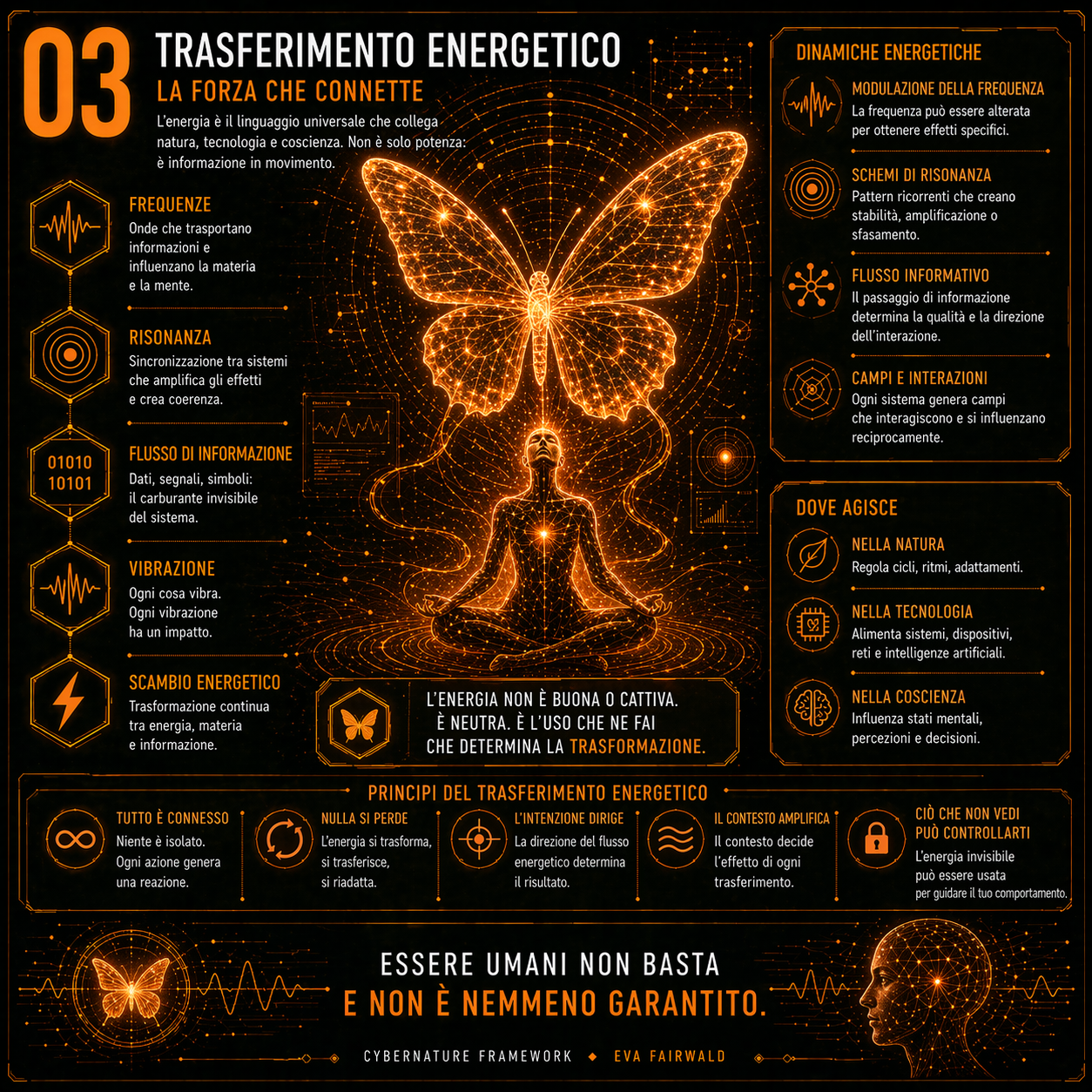 Infografica Cybernature: trasferimento energetico, frequenze, risonanza e flusso di informazione, trasformazione e connessione tra sistemi