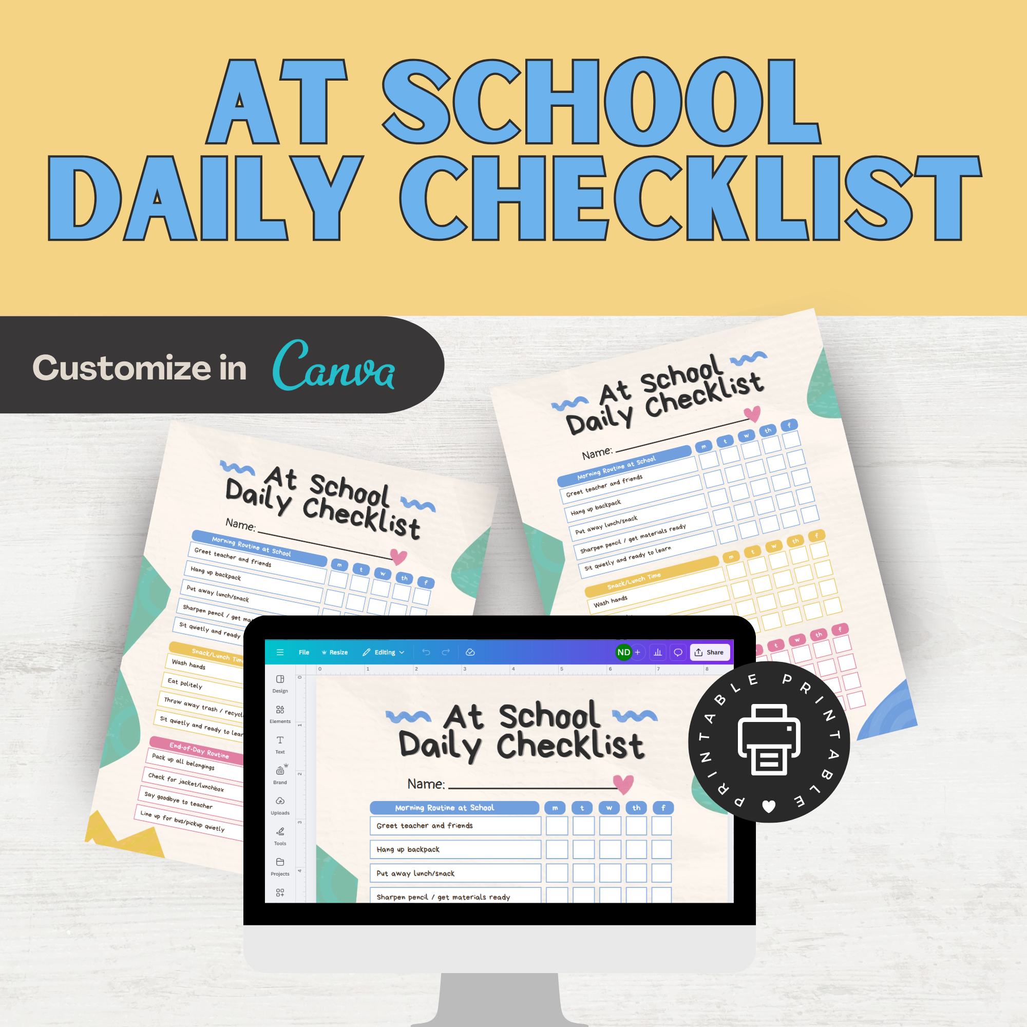 Editable At School Daily Checklist for Kids