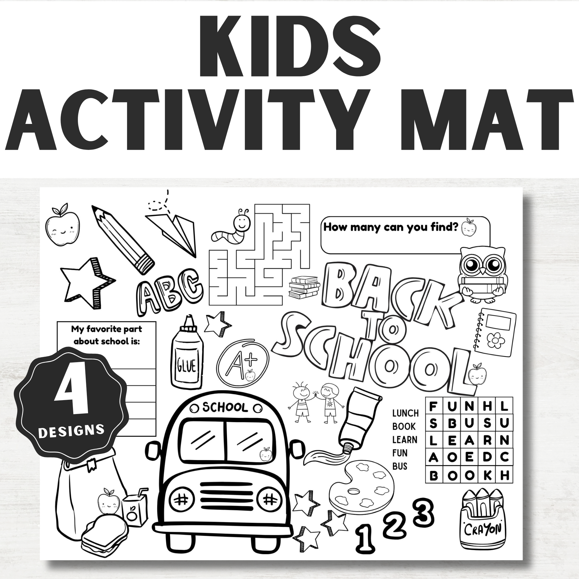 Back to School Kids Activity Mat PDF for Kids