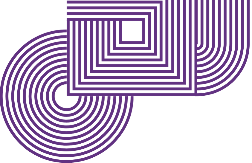 Decorative image with circle, square and swirl in the color purple
