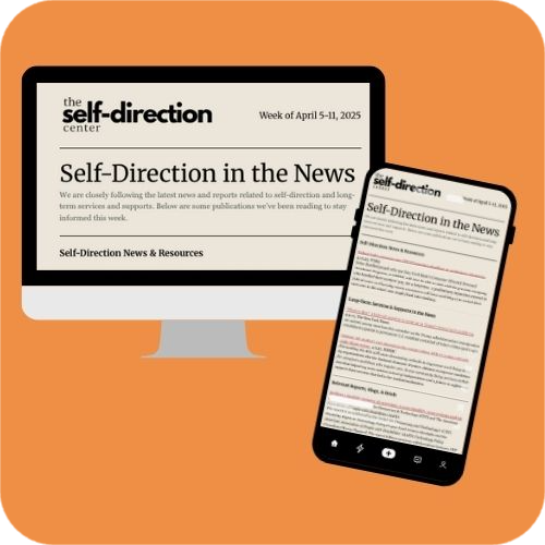 Graphic of computer screen and phone both showing issues of Self-Direction in the news
