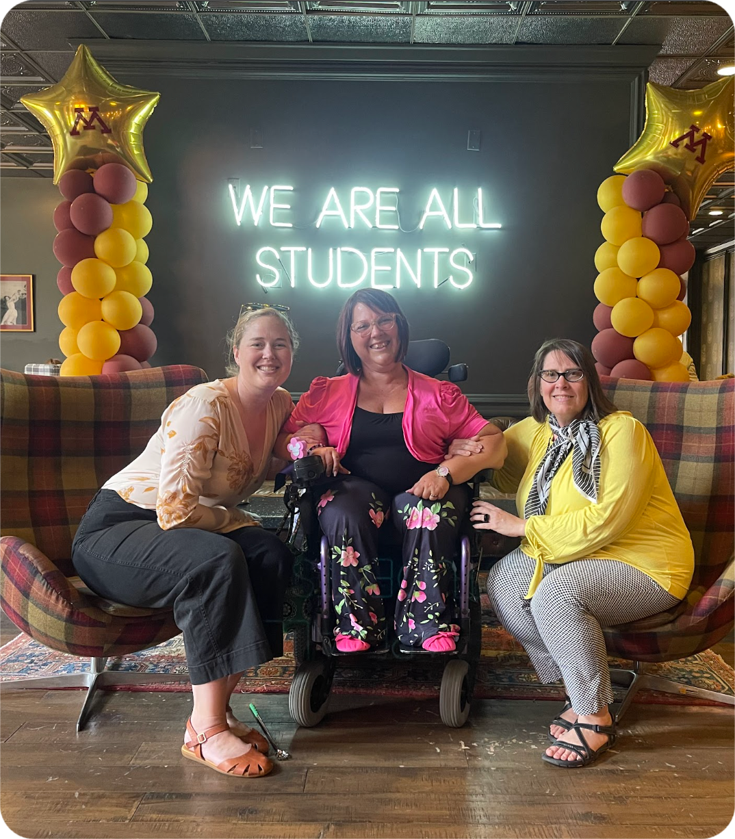 Three ladies sitting in a hotel lobby. The people are Molly Morris, Erica Andres and Brenda Vitale, cofounders of the Self-Direction Center.