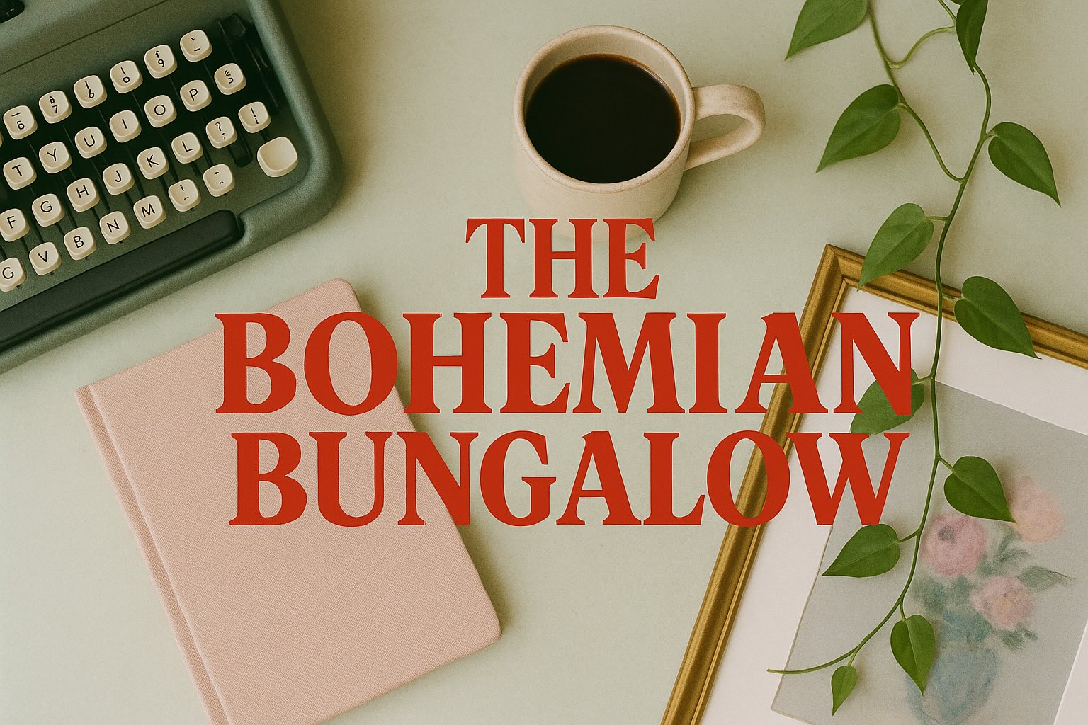 A flat lay scene with a vintage green typewriter, a cup of black coffee, a pink notebook, and a gold-framed floral print partially covered by a trailing vine. The bold red serif text “THE BOHEMIAN BUNGALOW” is centered in the composition.