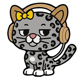 Cartoon gray leopard-print cat named Rewind wearing brown headphones and a yellow bow