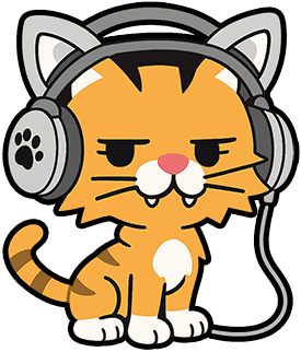 Cartoon orange tabby cat named Paws wearing gray headphones with paw print accents