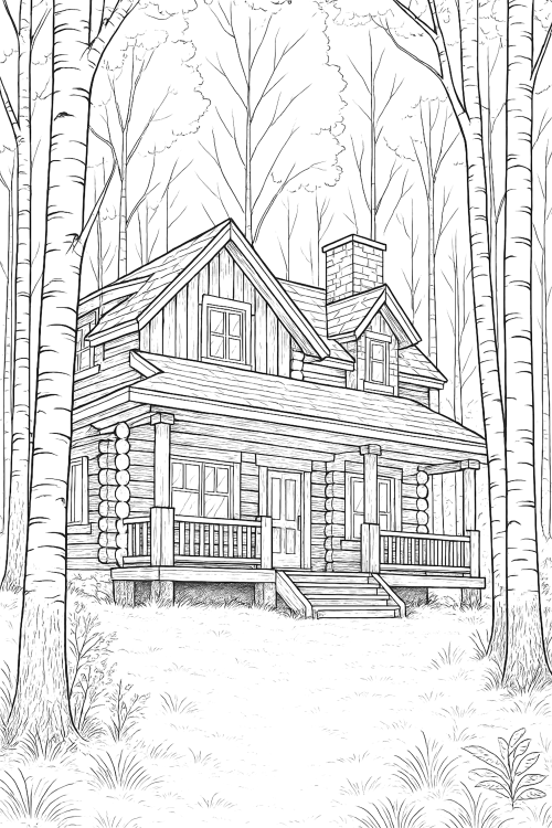 Dreamy Forest Cabins Coloring Book Interior