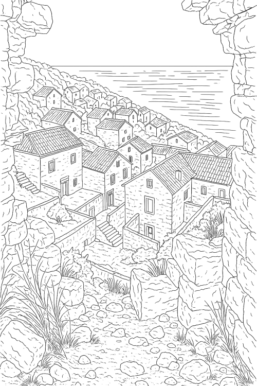 Seaside Cottages Coloring Book Page