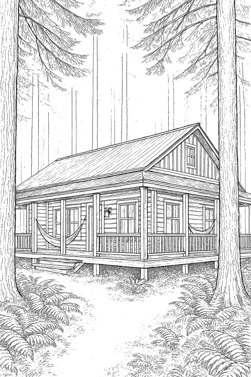 Dreamy Forest Cabins Coloring Book Page