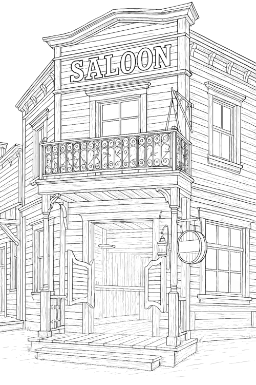 Wild West Town Coloring Book Page