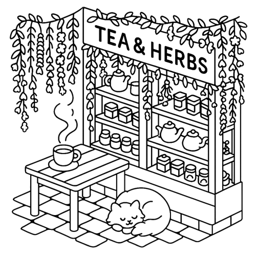 Cats and Stores Coloring Book page