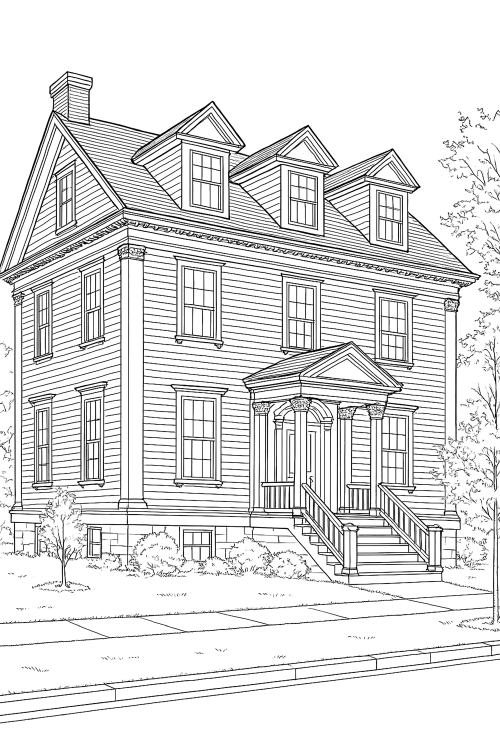 Classic Colonial Houses Coloring Book Page