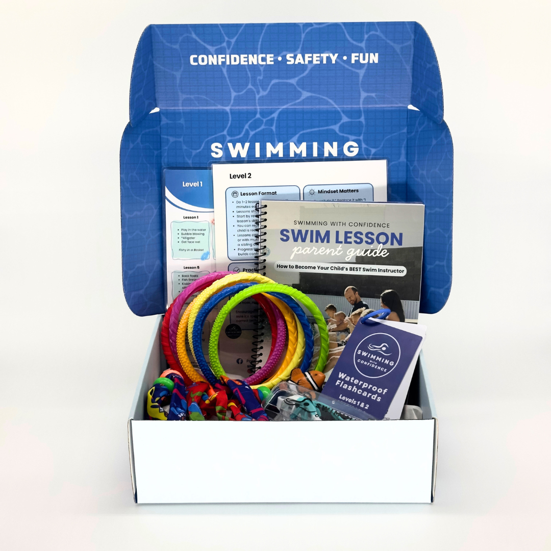 swim lessons in a box open box showcasing manual lesson plans toys and flashcards