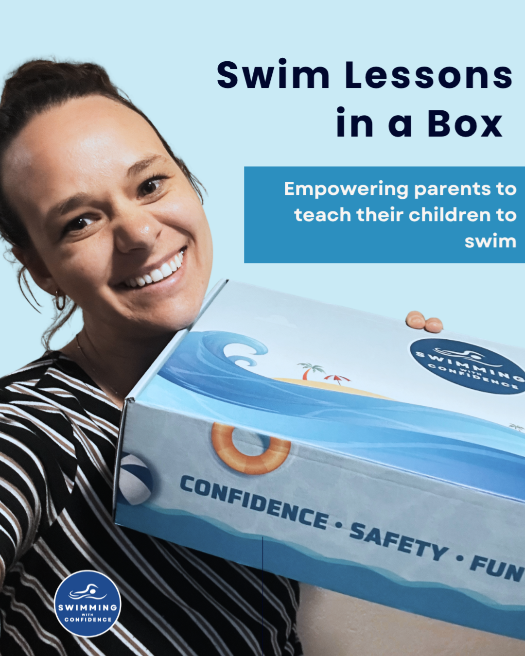 swim coach holding up swim lessons in a box