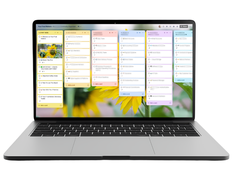 Your Final Matters Business Continuity Organiser board template on laptop screen