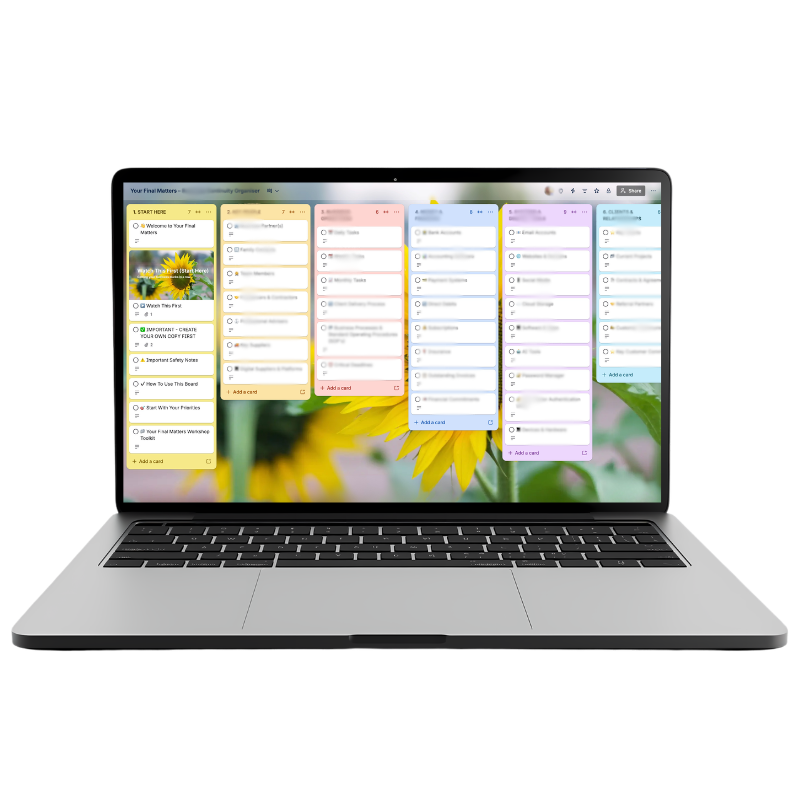 Digital Legacy Organiser board template on laptop