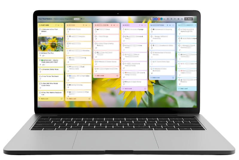 Digital Legacy Organiser board template on laptop