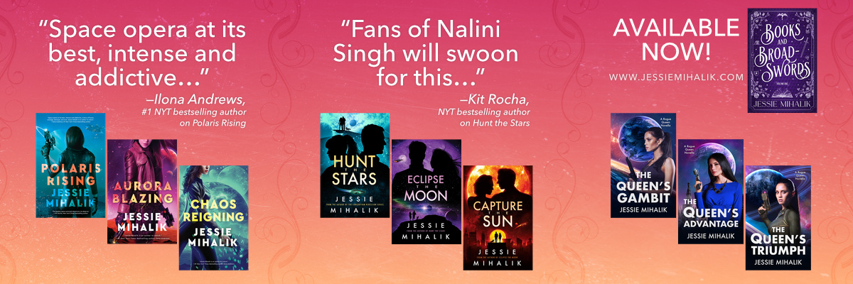 A collage of book covers and blurbs for Jessie’s books.