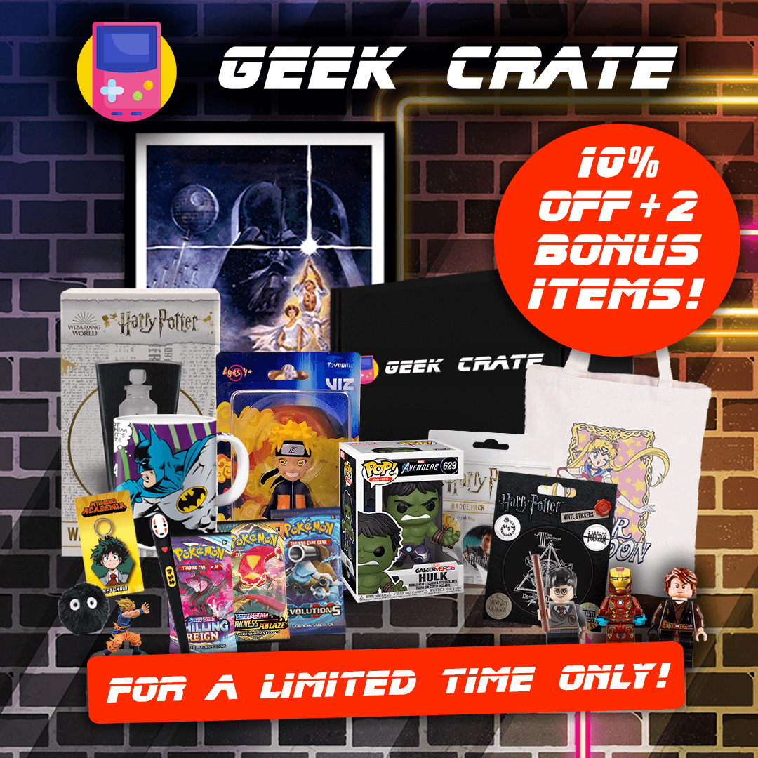 A mystery subscription box filled with collectible items from Marvel, Pokรฉmon, Harry Potter, and anime, including mugs, figures, socks, cards, and keychains, with a bold โ10% OFF + 2 BONUS ITEMSโ offer from Geek Crate.