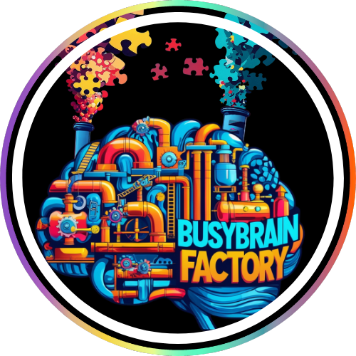 BusyBrain Factory logo featuring a stylized side-view brain integrated with a minimalist factory silhouette, emitting puzzle piece 'smoke' from its stacks; designed in black and white for a clean, intelligent, and imaginative brand identity.